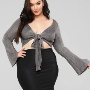 NWT Fashion Nova metallic glitzy tie cropped long sleeve sweater 1X